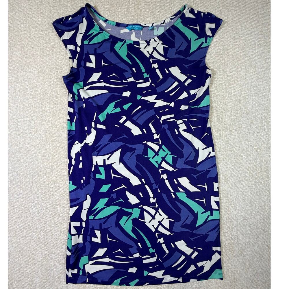 Tori Richard Women M Blue White Abstract Knee Length Sleeveless Summer Dress